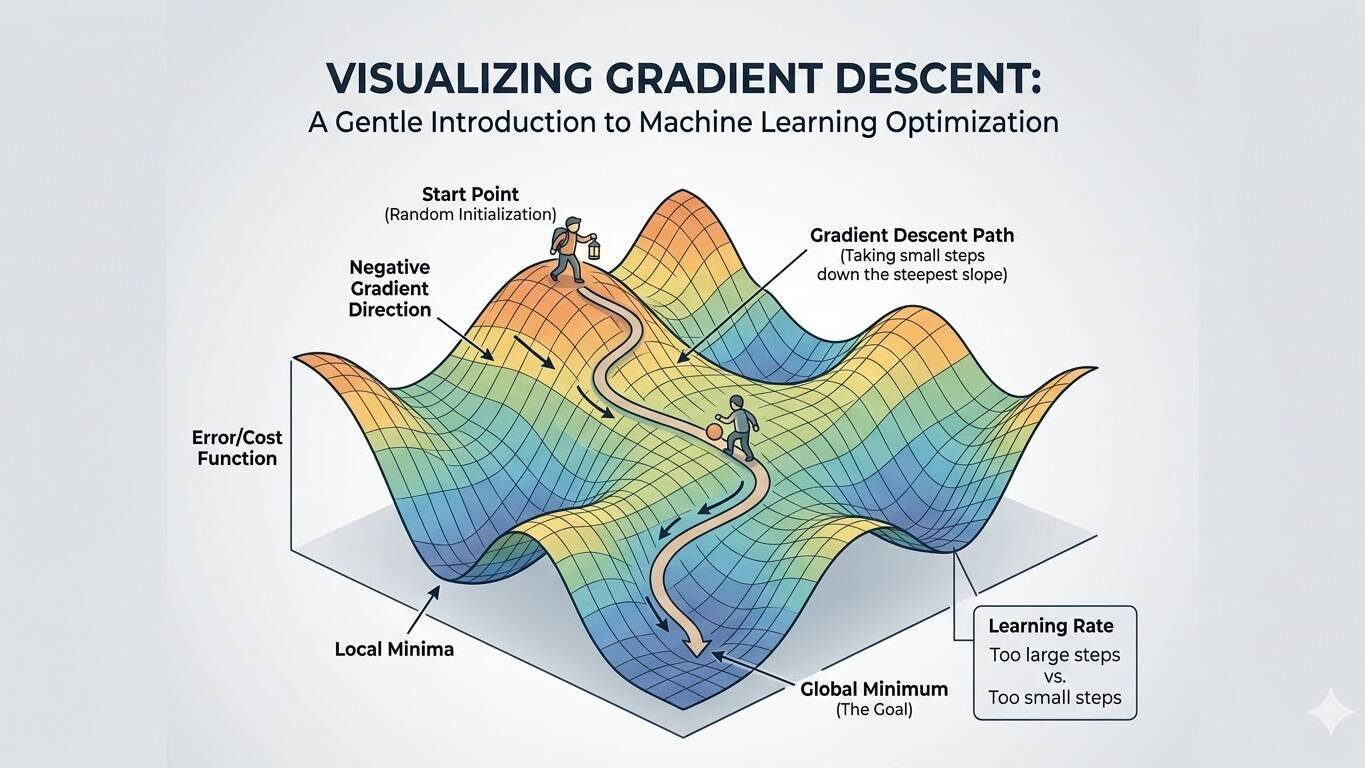 An illustration of gradient descent, created by an image model which used gradient descent to produce it.